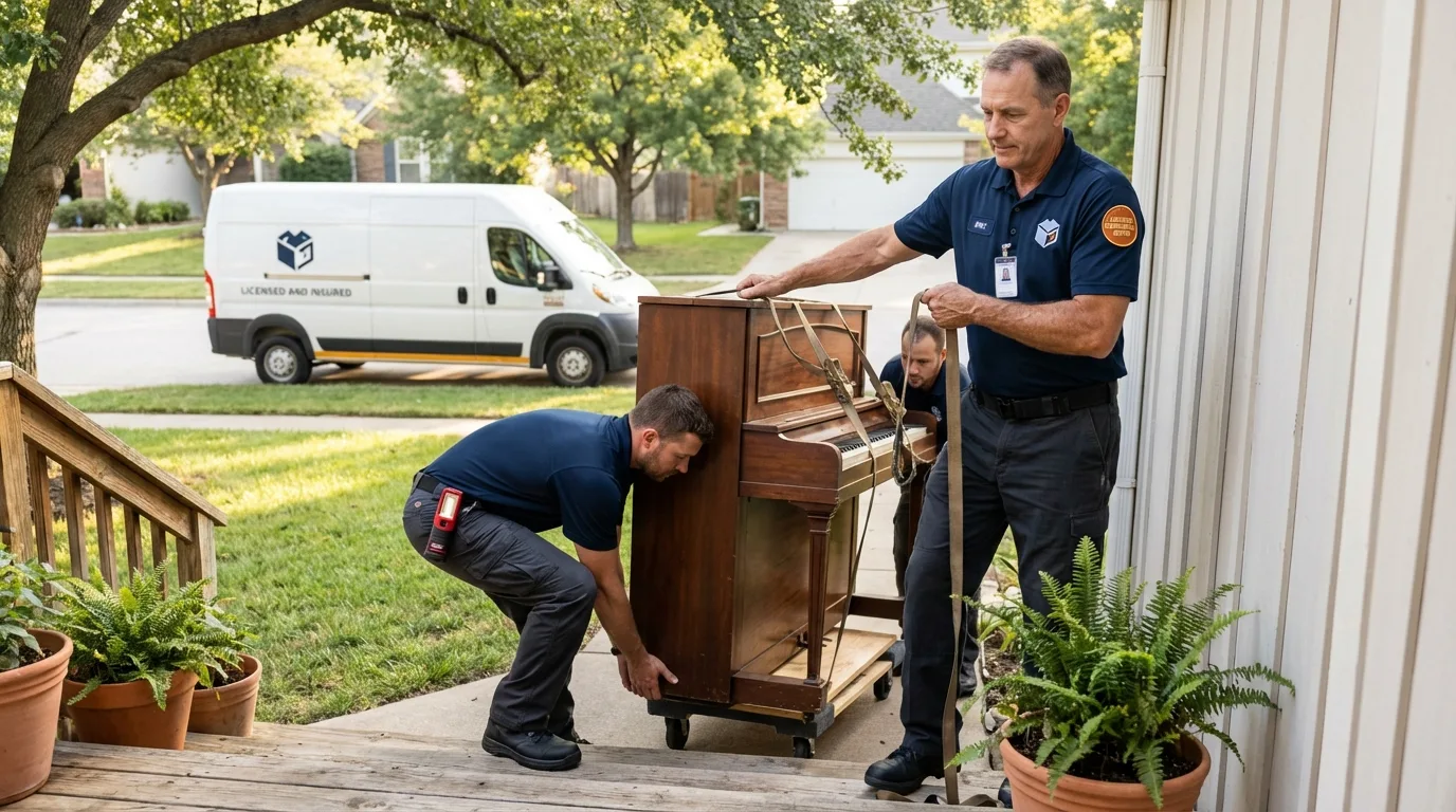 Licensed piano movers securing grand piano in Fort Walton Beach, FL