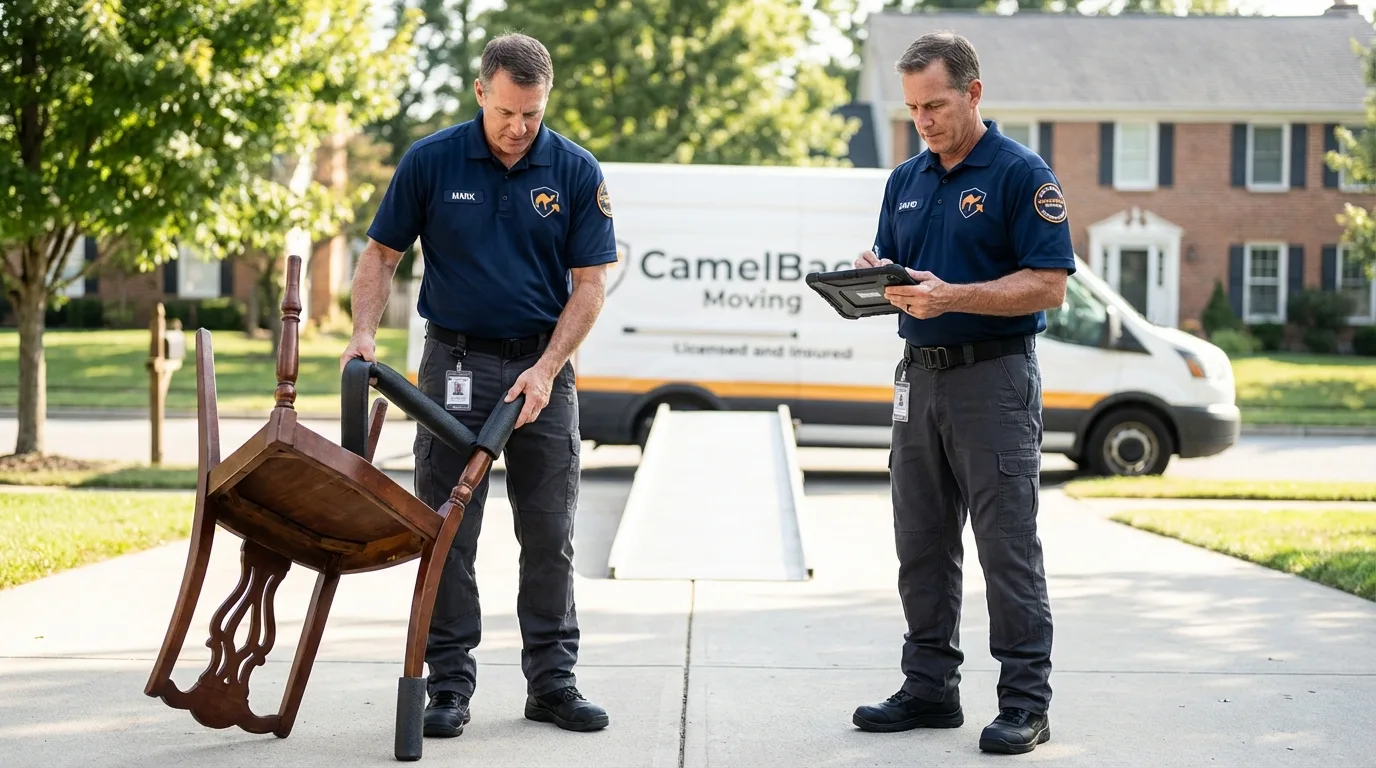 Movers inspecting furniture for damage prevention before loading in Fort Walton Beach, FL