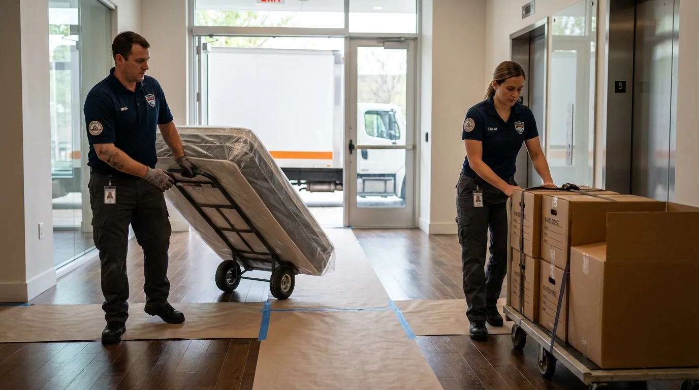 Professional apartment movers loading elevator in Fort Walton Beach, FL