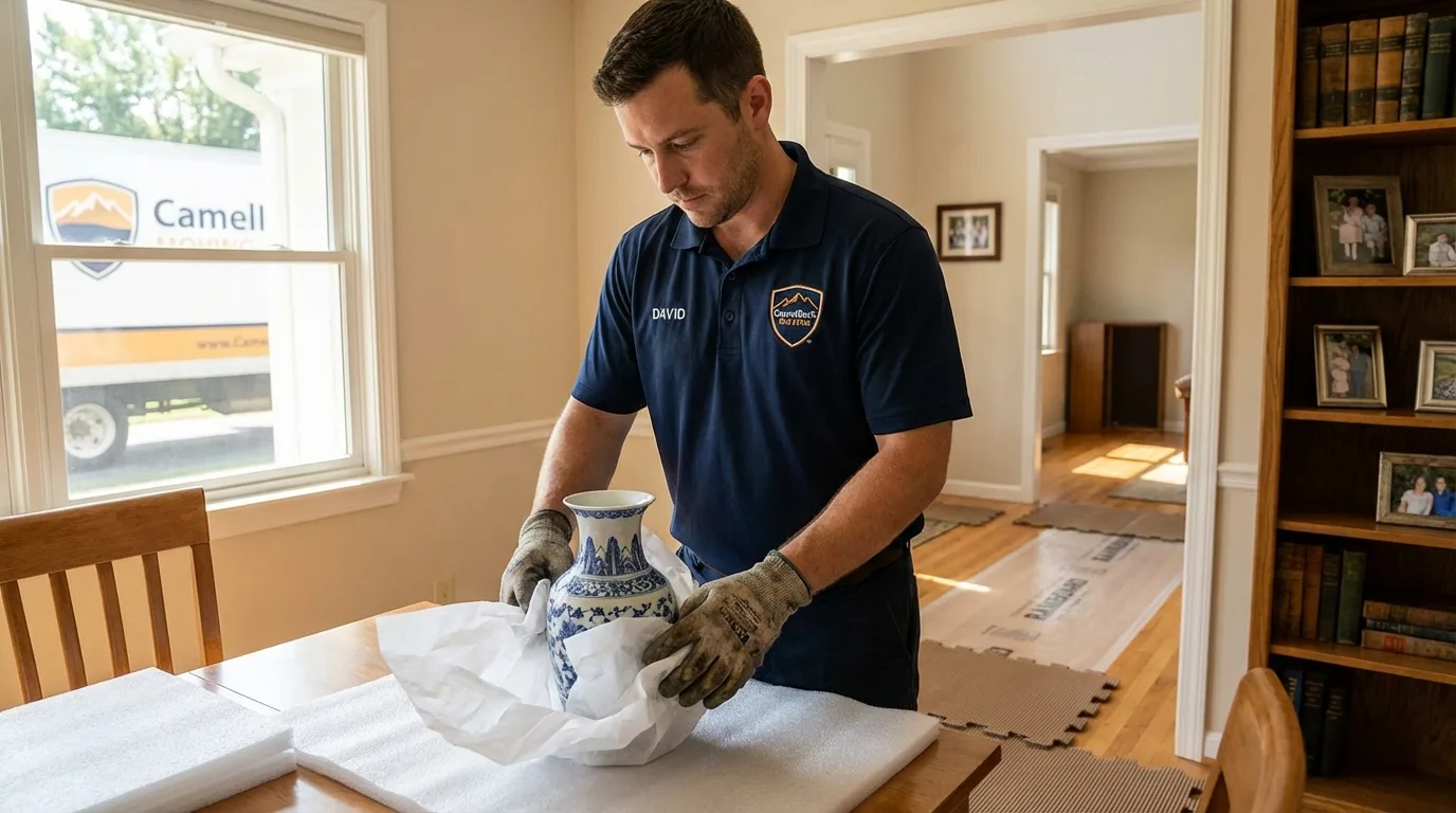 Professional crew carefully wrapping antique vase for senior downsizing move in Fort Walton Beach, FL